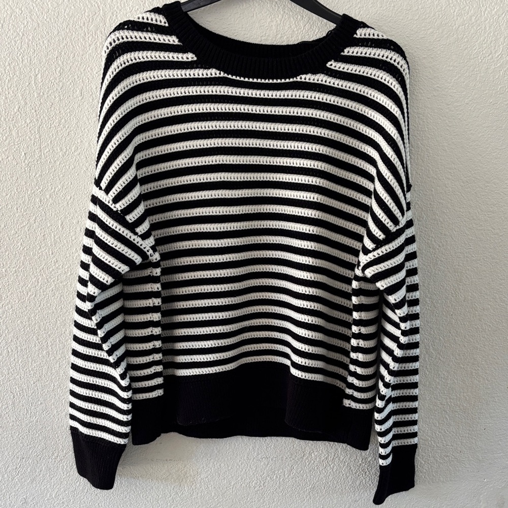 Tahari Black and White Striped Crew Neck Sweater